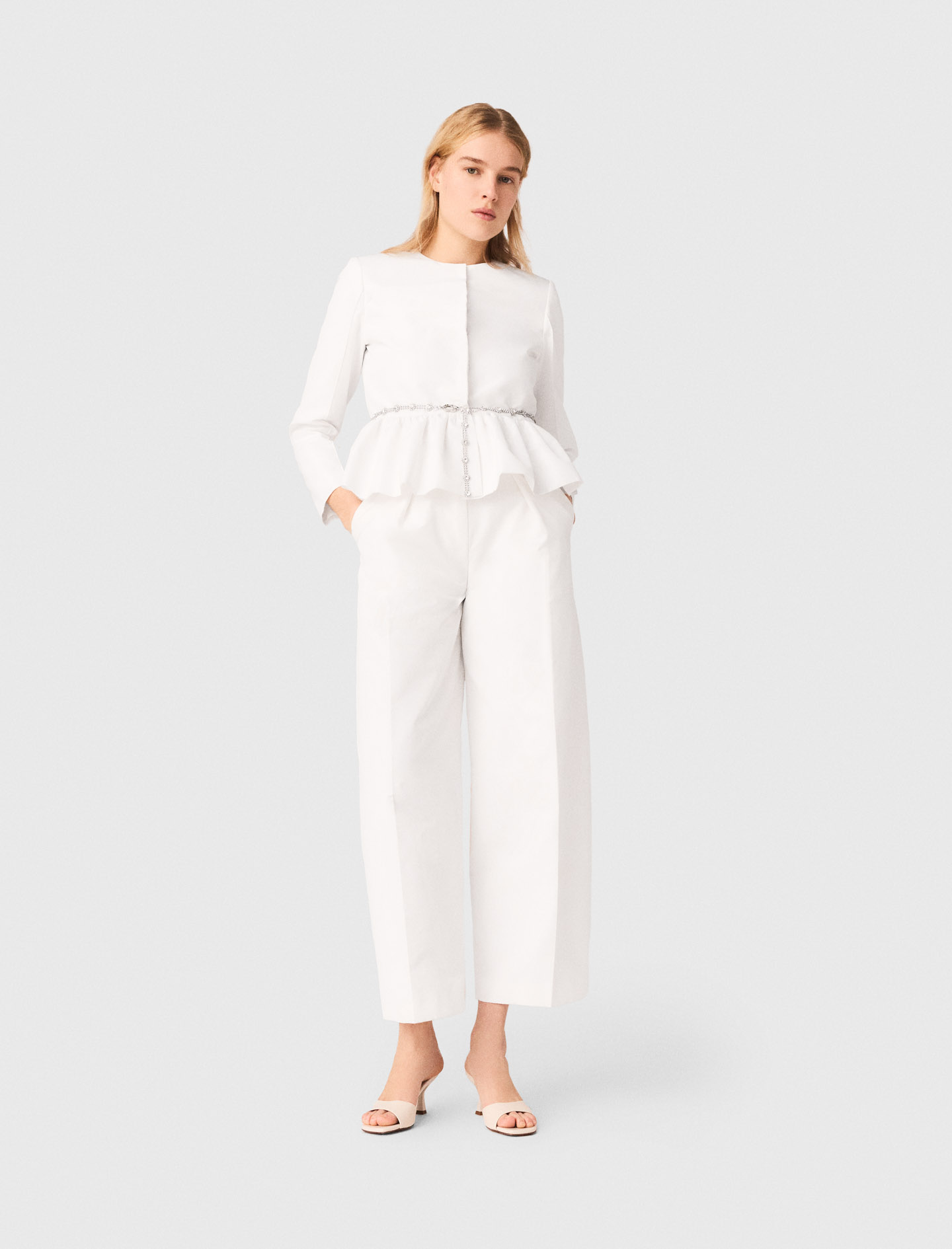 Cropped Jacket With Jewelled Belt - White - Size 8 - Maje