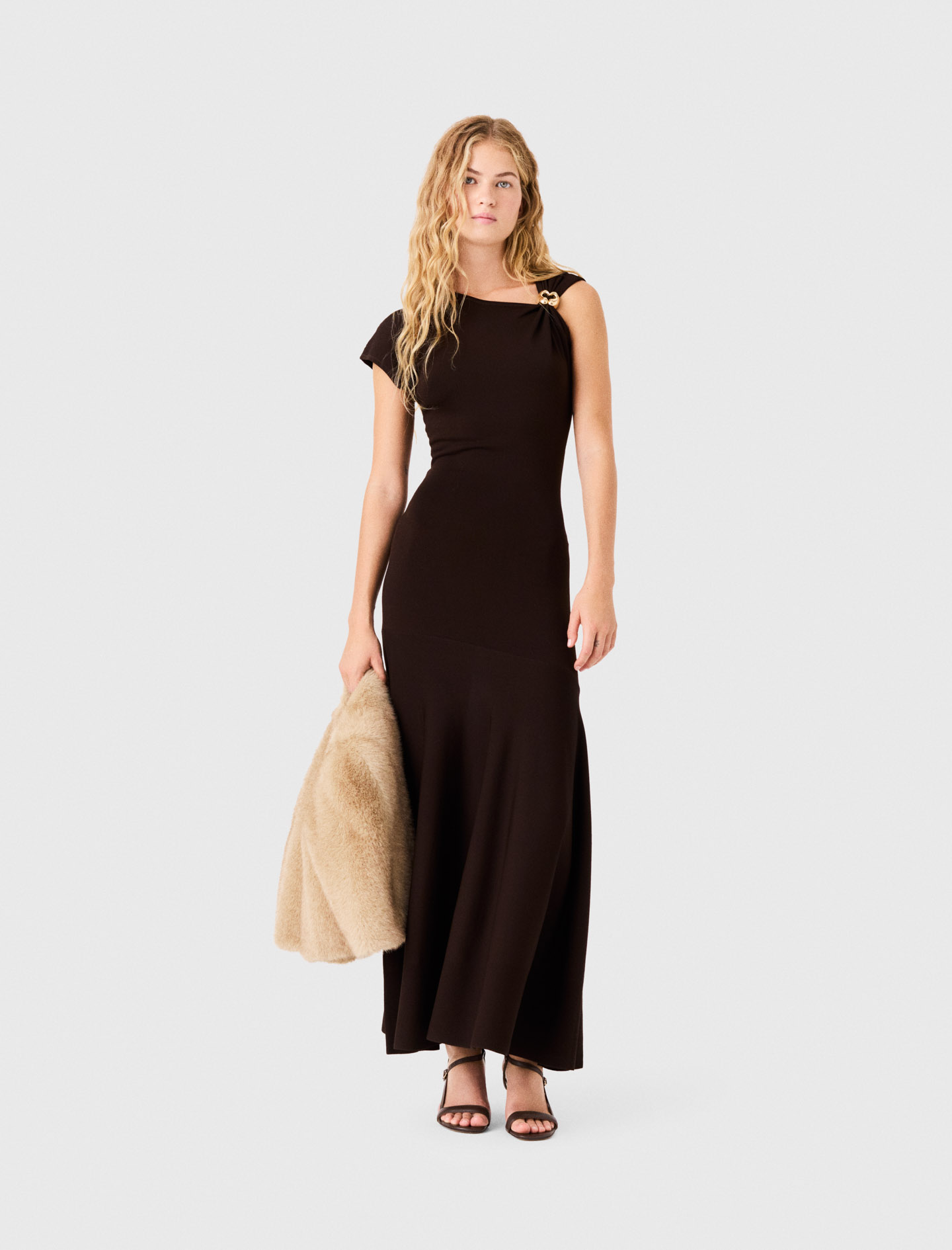 Asymmetrical Jersey Dress - Dark Brown - Size 14 - Maje