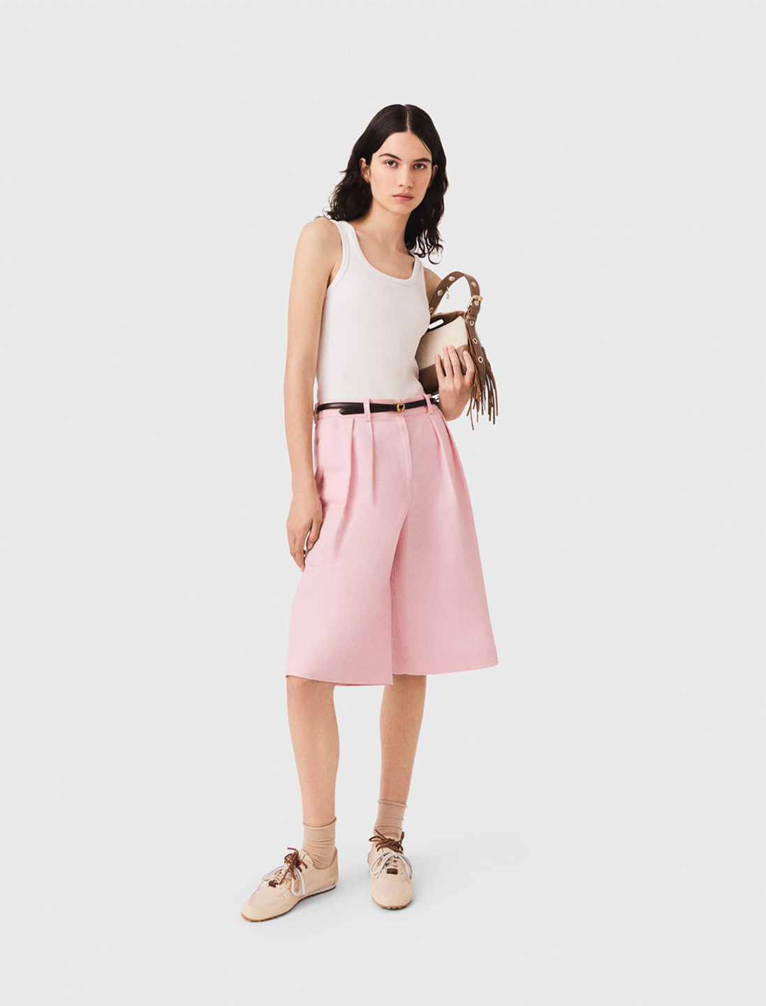 Pleated Linen Blend Bermuda Shorts - Pink - Size 10 - Maje