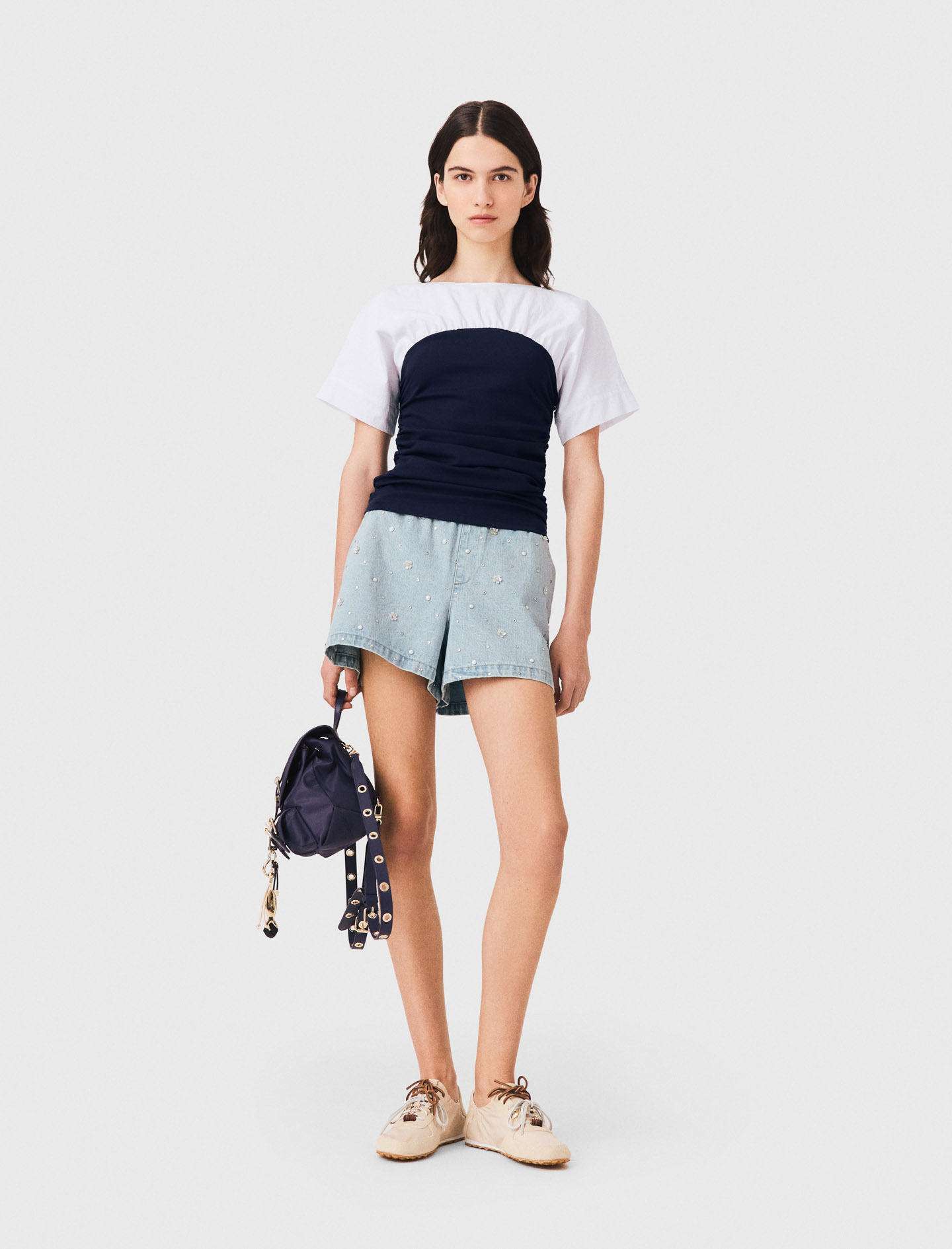 Pleated Jersey Top - White/navy - Size 10 - Maje