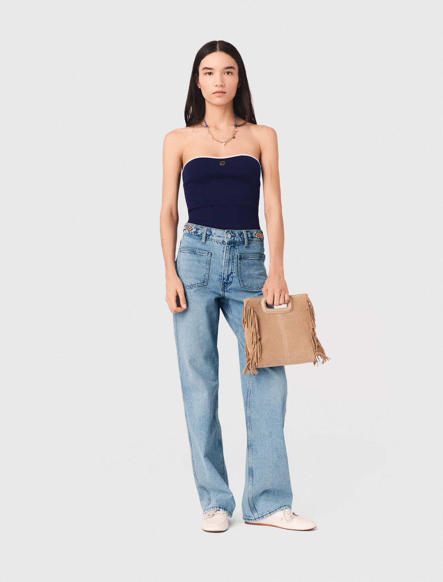 Contrast-knit Bustier Top - Navy - Size 10 - Maje