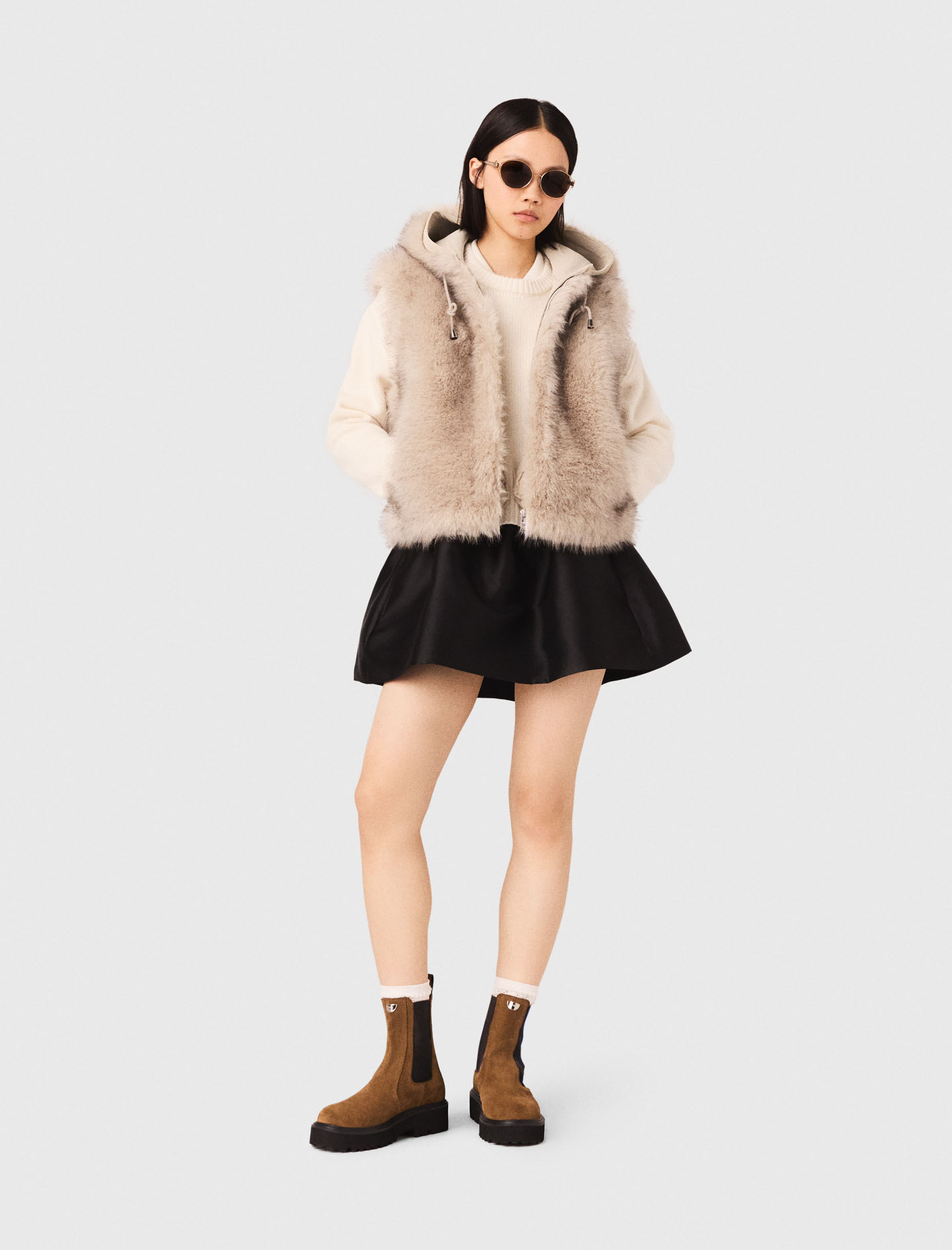 Short Faux Fur Jacket - Beige - Size 12 - Maje