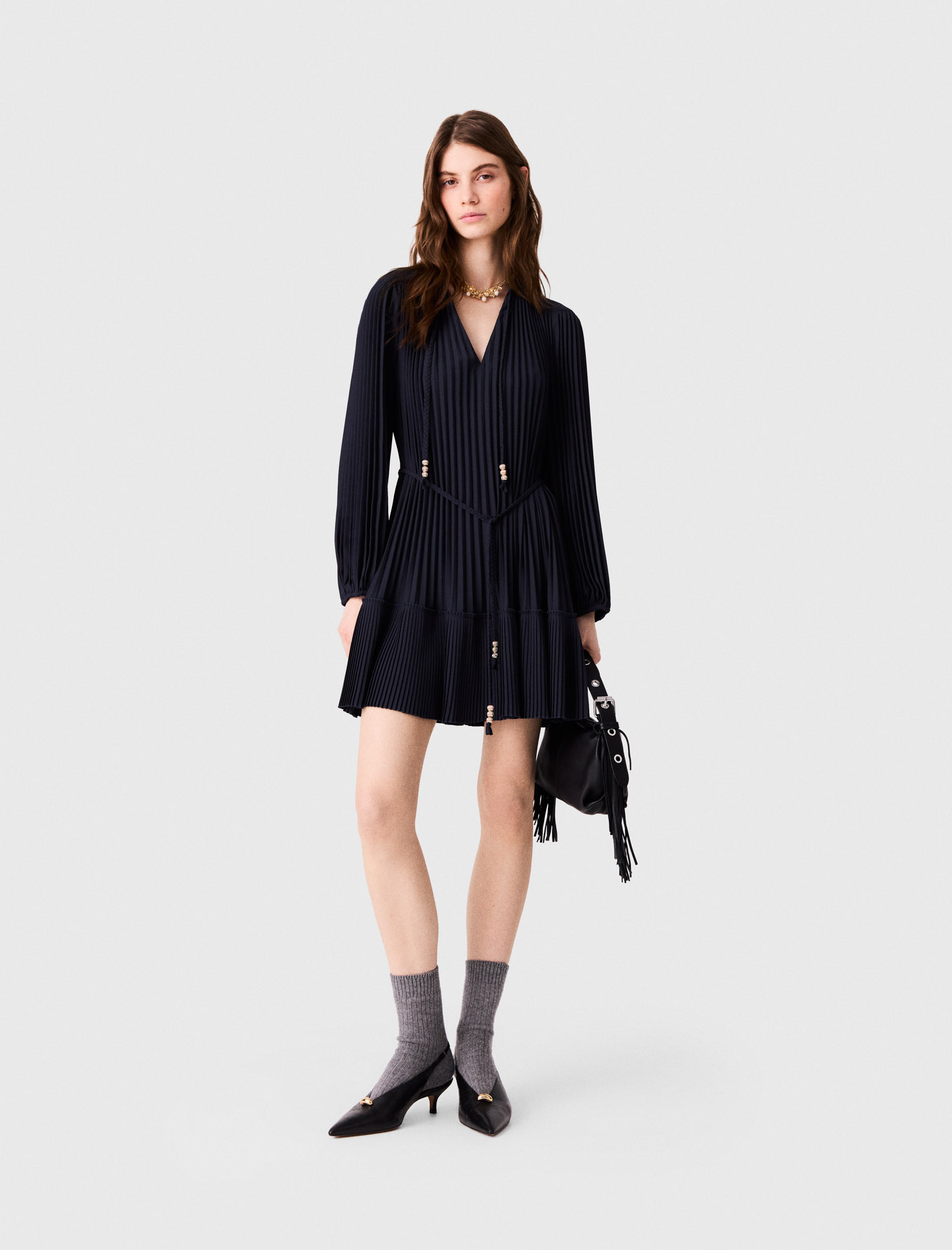 Short Pleated Dress - Navy - Size 14 - Maje