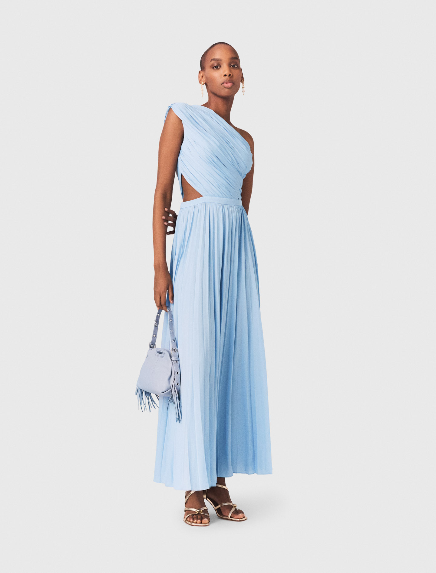Asymmetrical Pleated Maxi Dress - Blue - Size 10 - Maje