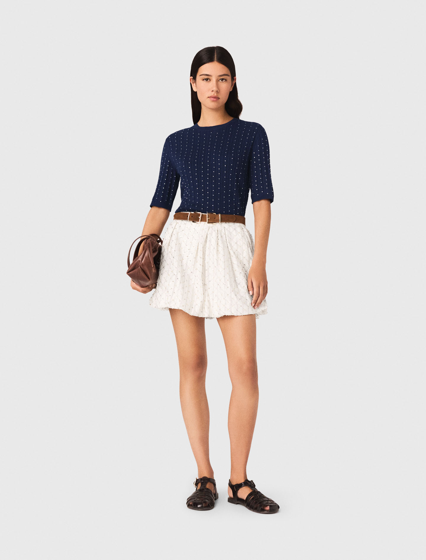 Round-neck Rhinestone Jumper - Navy - Size 8 - Maje