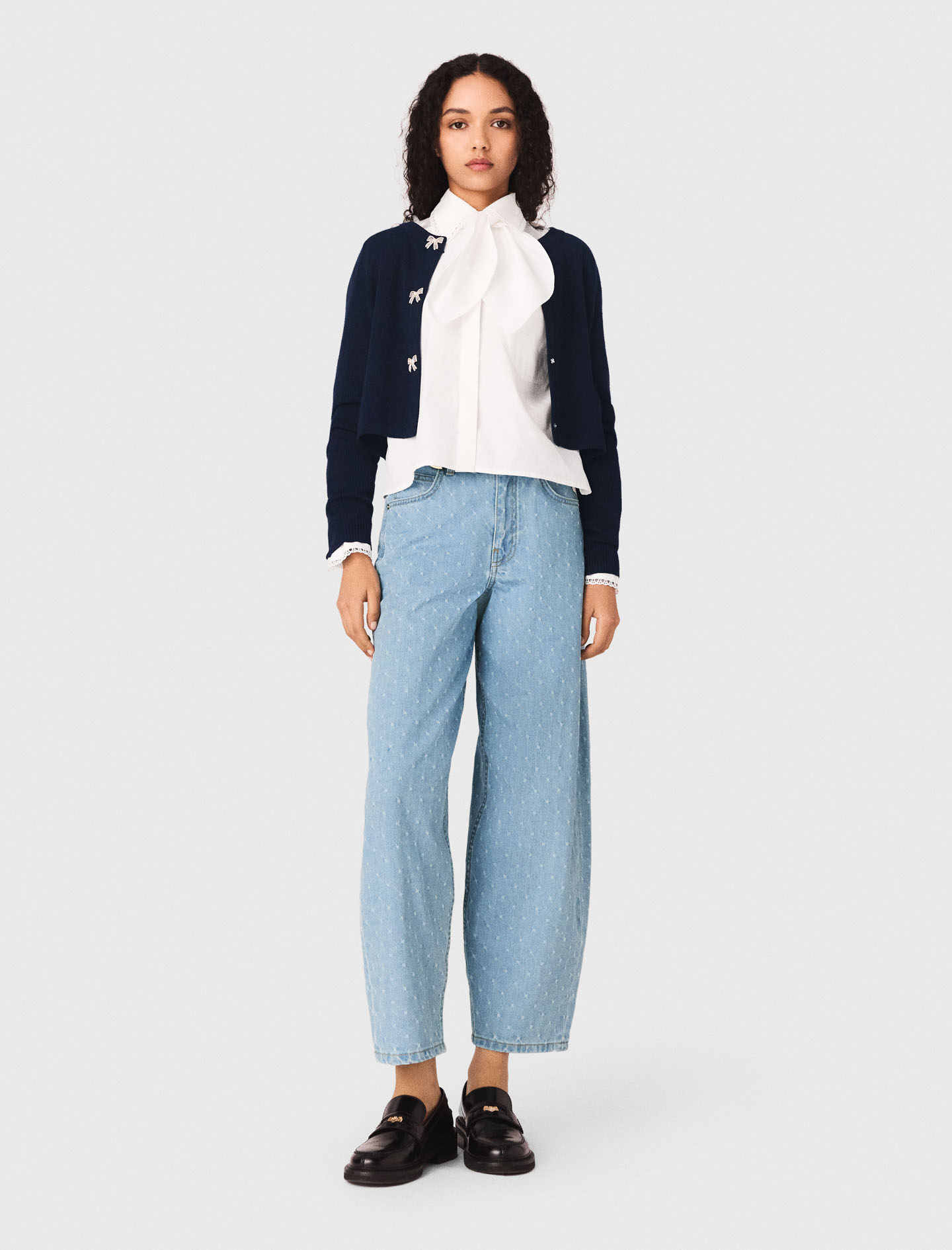 Jewelled Bow-button Cardigan - Navy - Size 8 - Maje