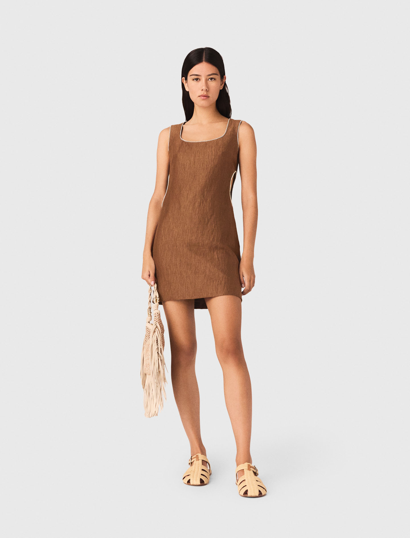 Short Linen-blend Dress - Brown - Size 8 - Maje