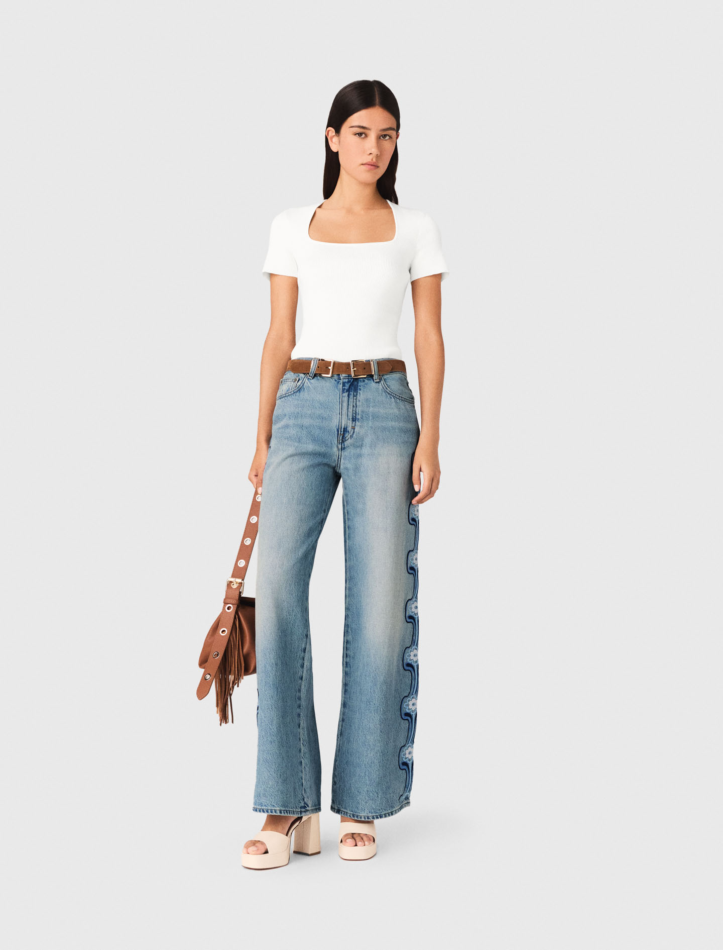 Floral Embroidered Wide-leg Jeans - Blue - Size 14 - Maje