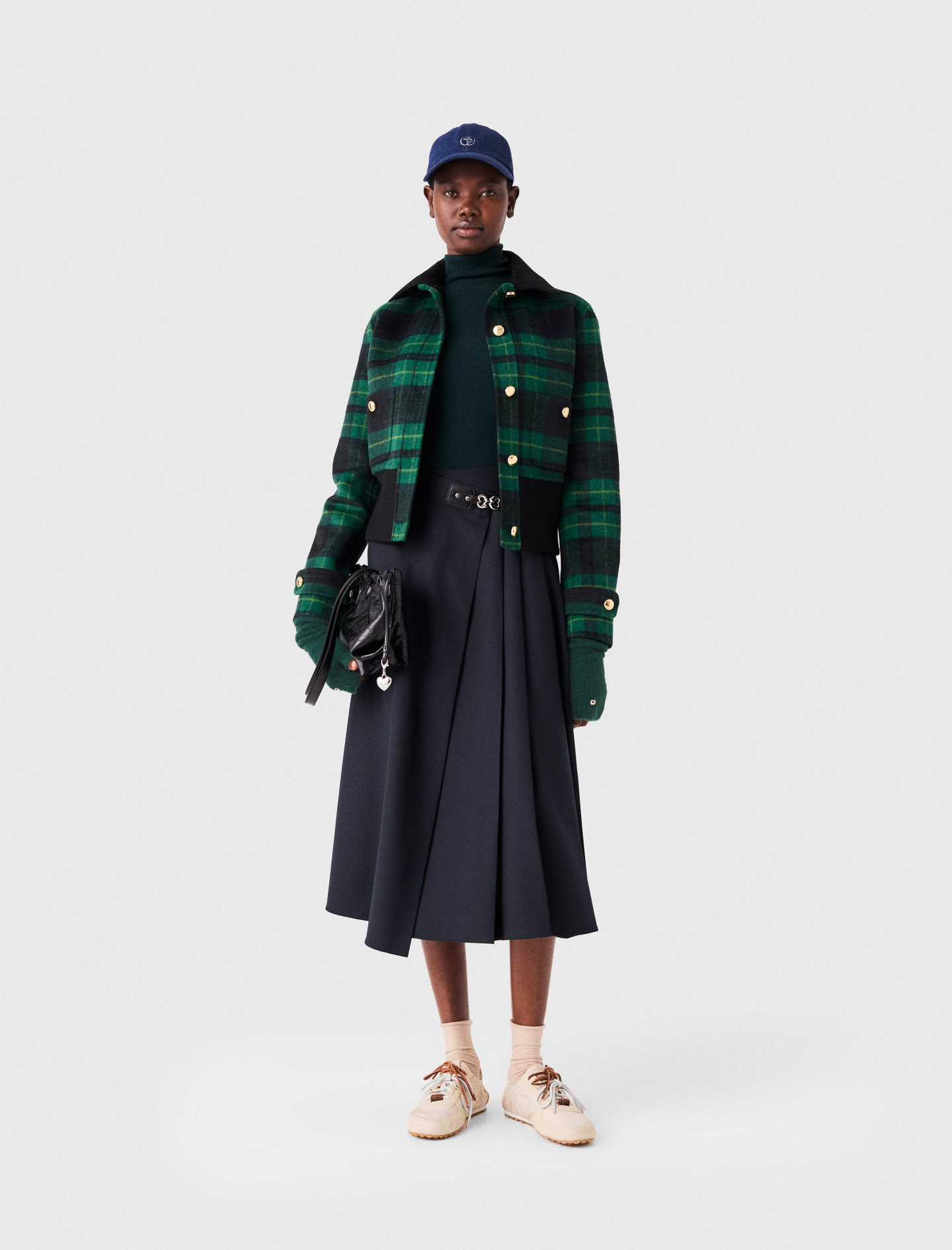 Plaid Jacket With A Velvet Collar - Navy/green - Size 6 - Maje