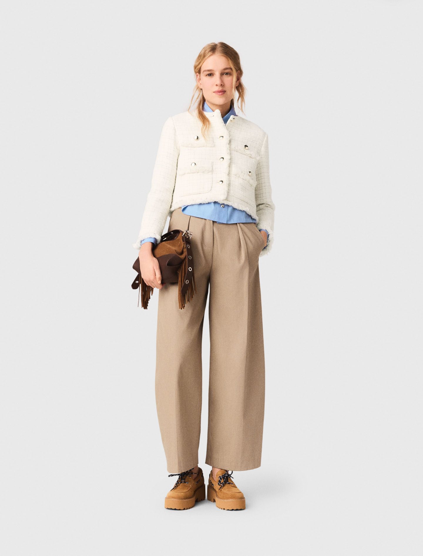 Short Tweed Jacket - Off White - Size 14 - Maje