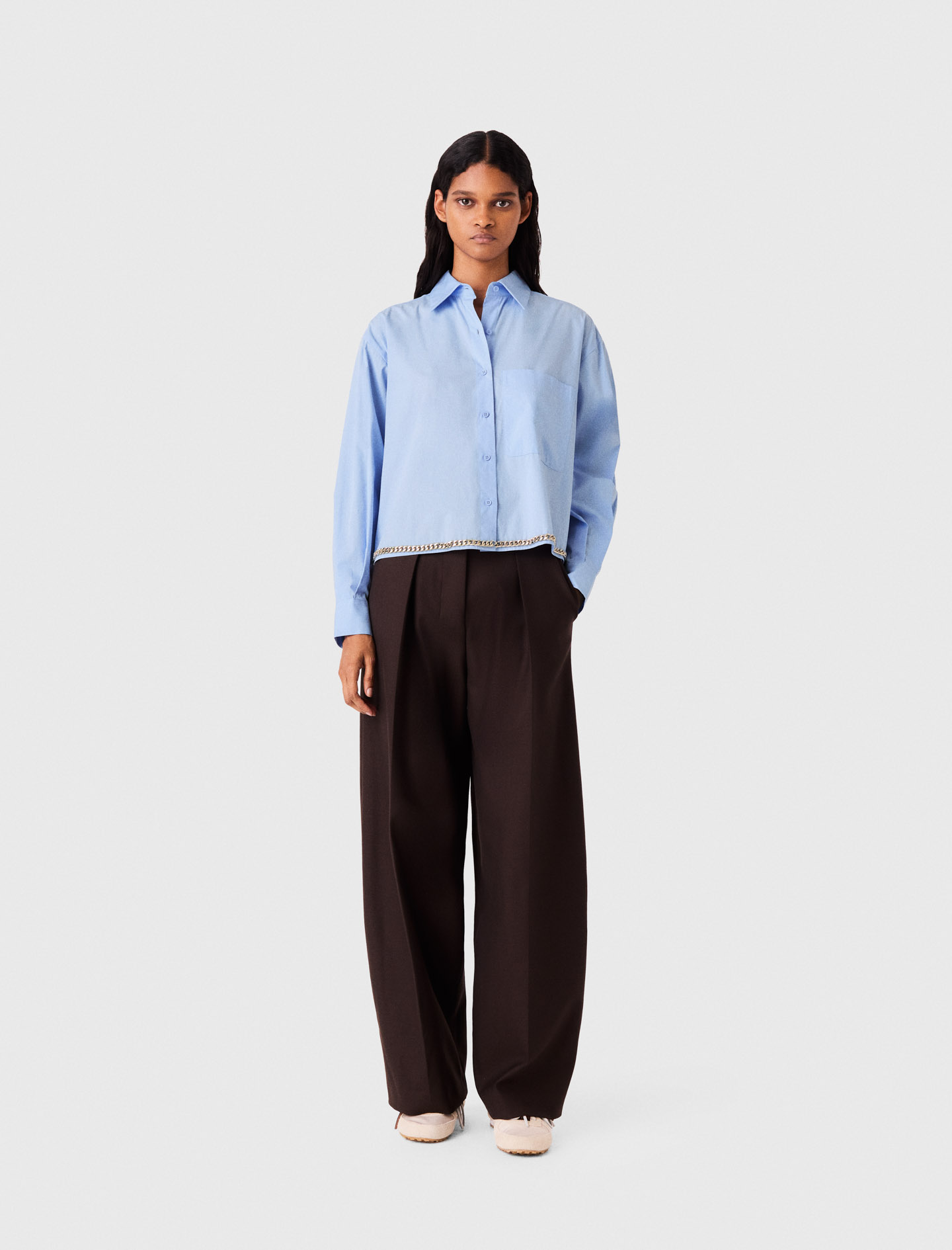 Cropped Shirt With Chain Trim - Blue - Size 8 - Maje