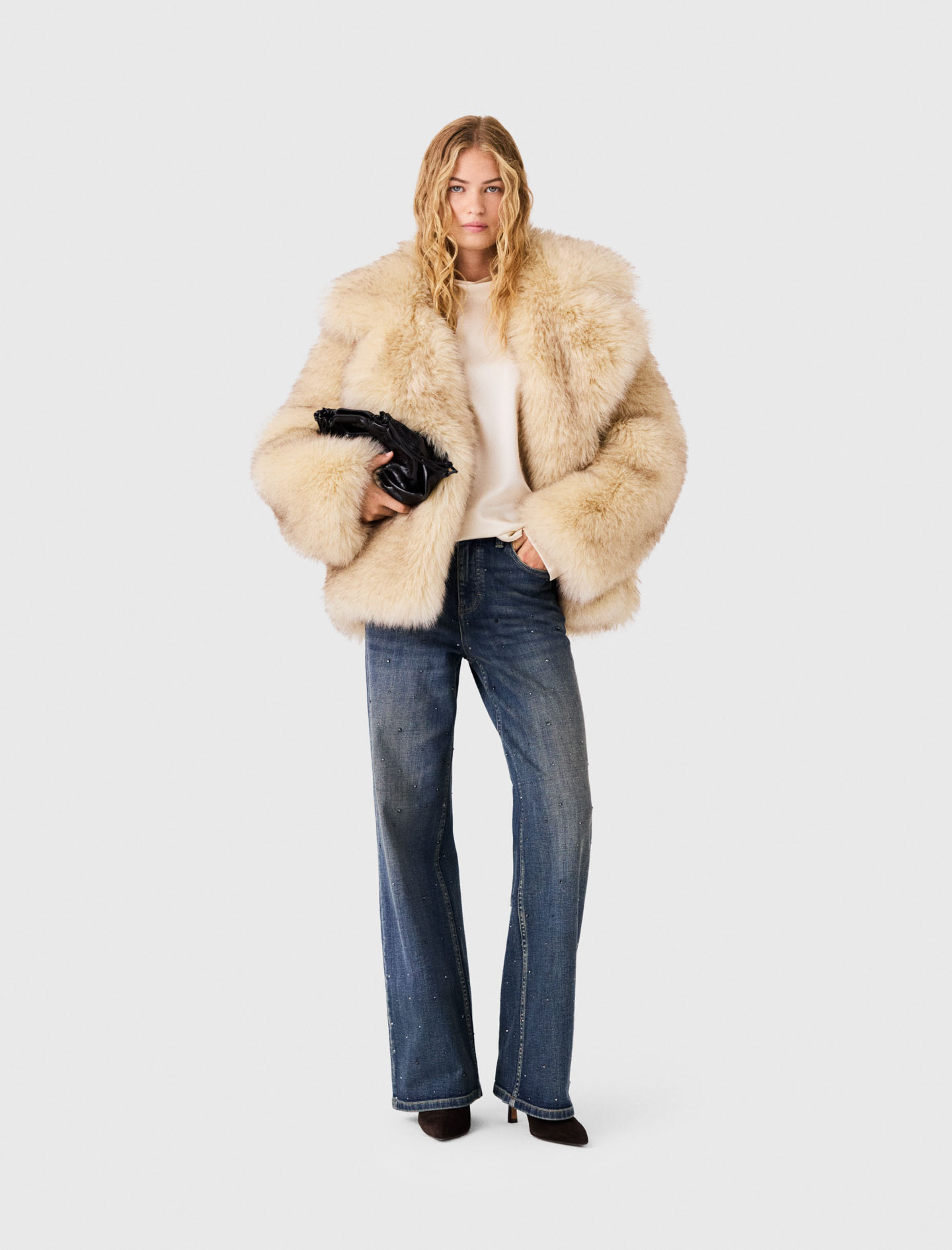 Oversized Faux Fur Coat - Beige - Size 10 - Maje