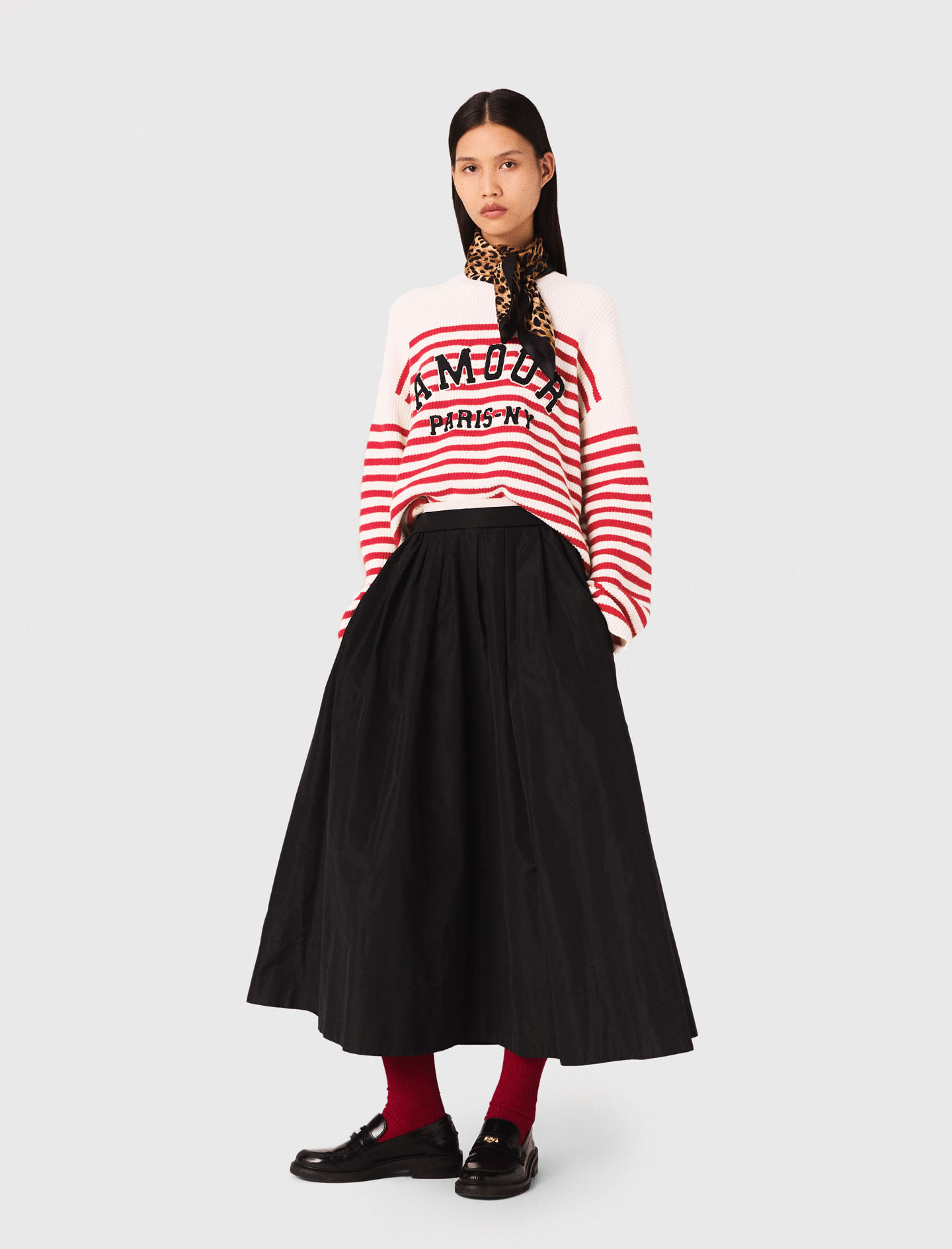 Long skirt with contrast waistband Black / Gray for Women | Maje