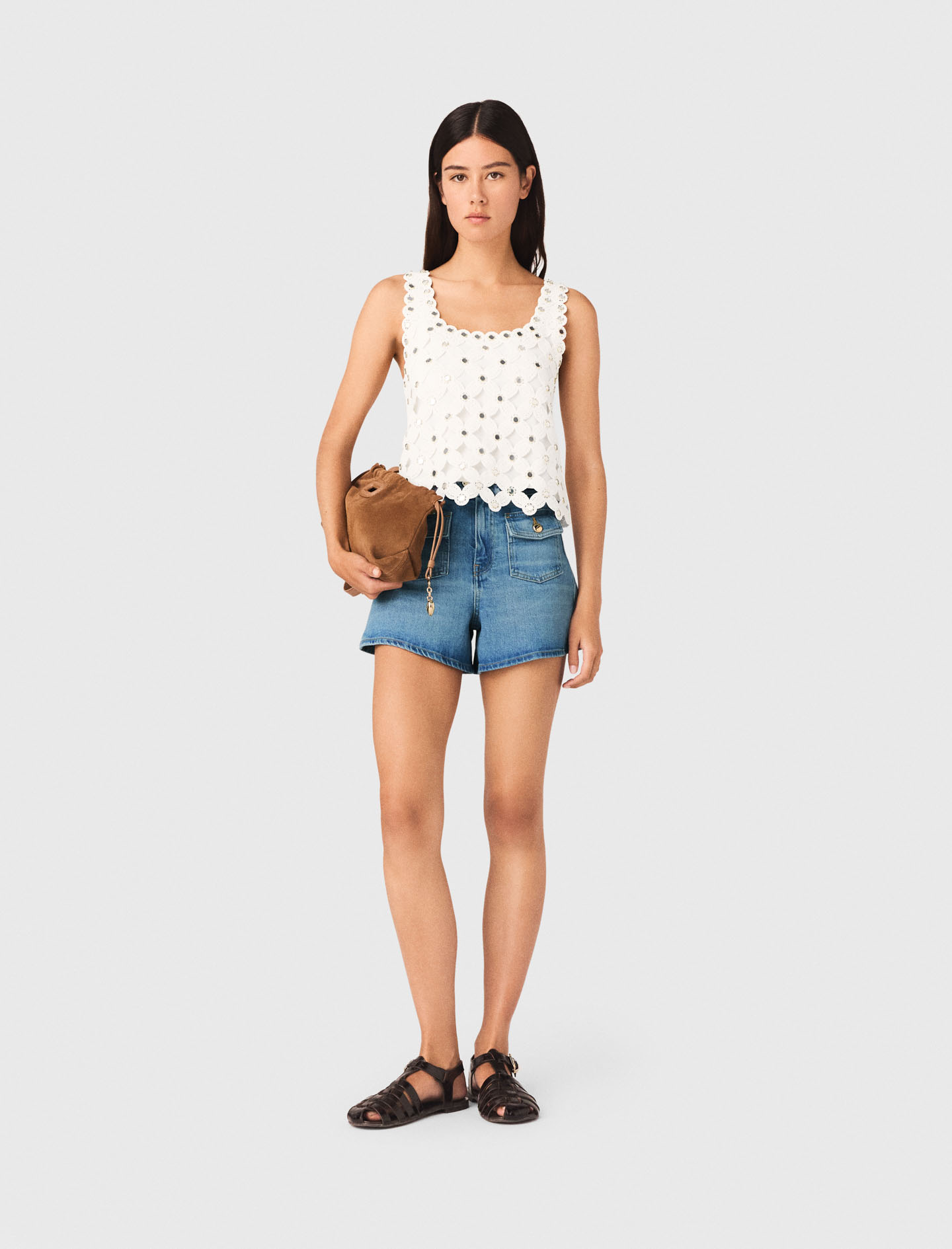 Mirrored Crochet Top - White - Size 10 - Maje