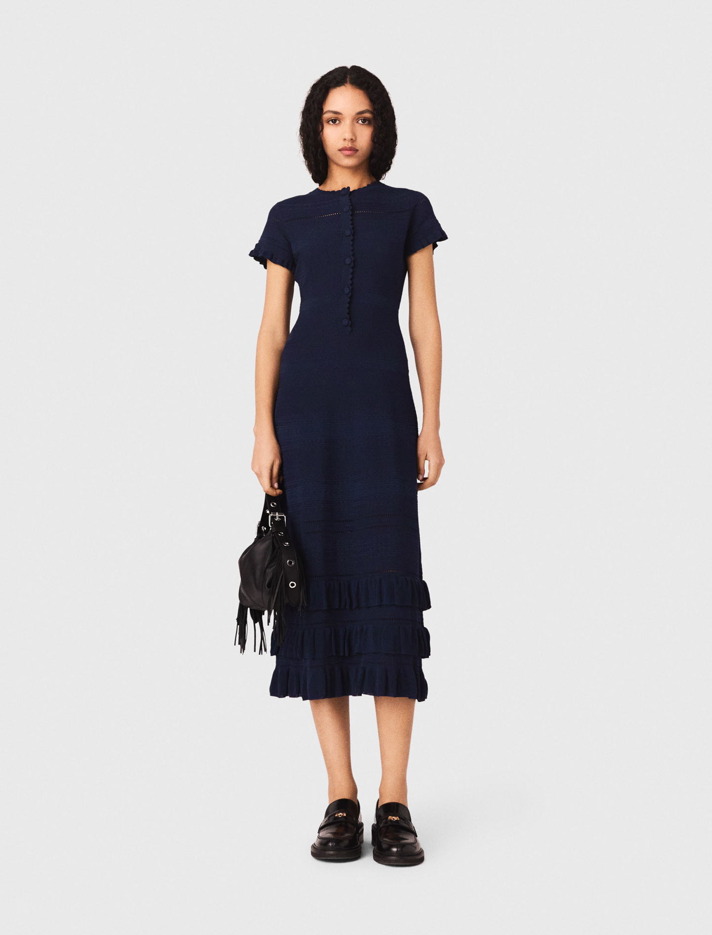Knit Maxi Dress With Ruffles - Navy - Size 10 - Maje