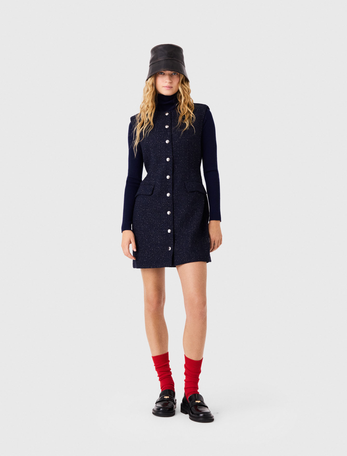 Short Lurex Tweed Dress - Navy - Size 6 - Maje