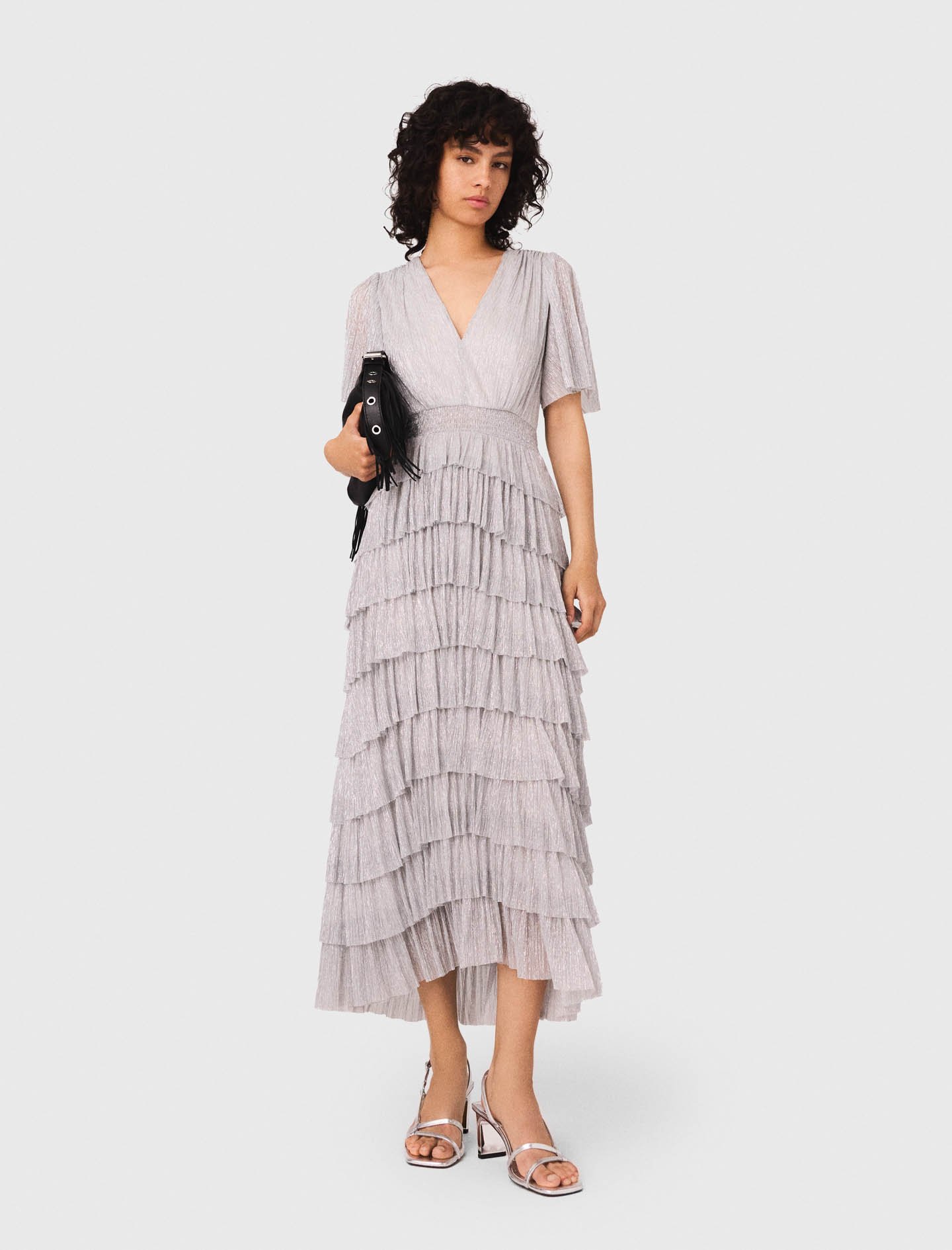 Maje Metallic Ruffled Midi Dress In Silver