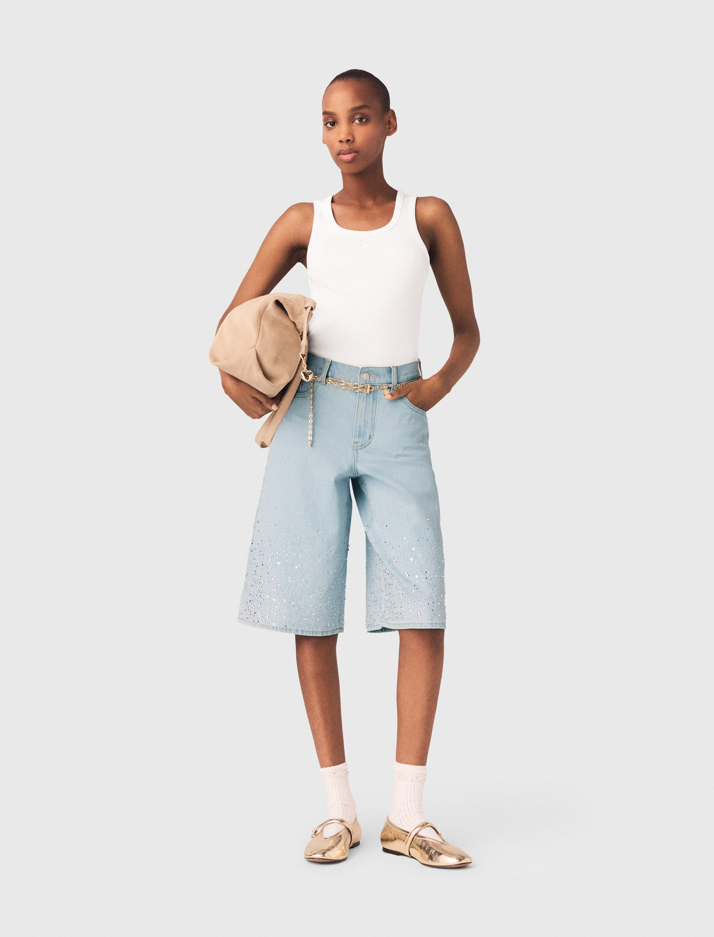Rhinestone Bermuda Shorts - Blue - Size 12 - Maje