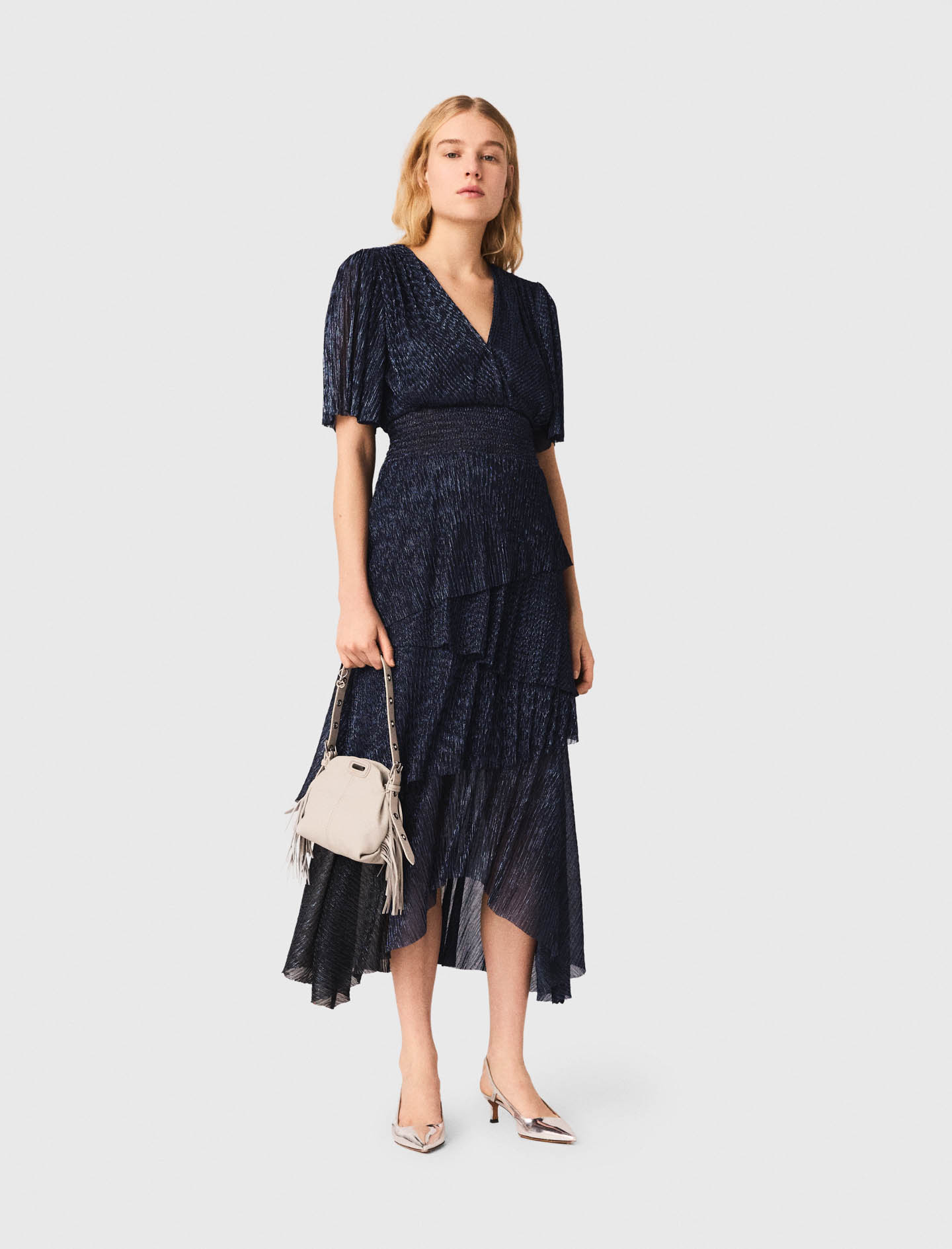 Metallic Ruffled Midi Dress - Navy - Size 12 - Maje